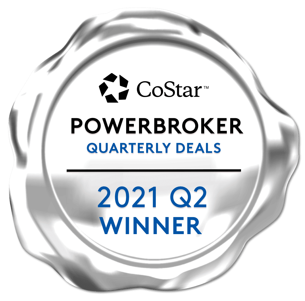 A silver seal that says " costar powerbroker quarterly deals 2 0 2 1 q 2 winner ".